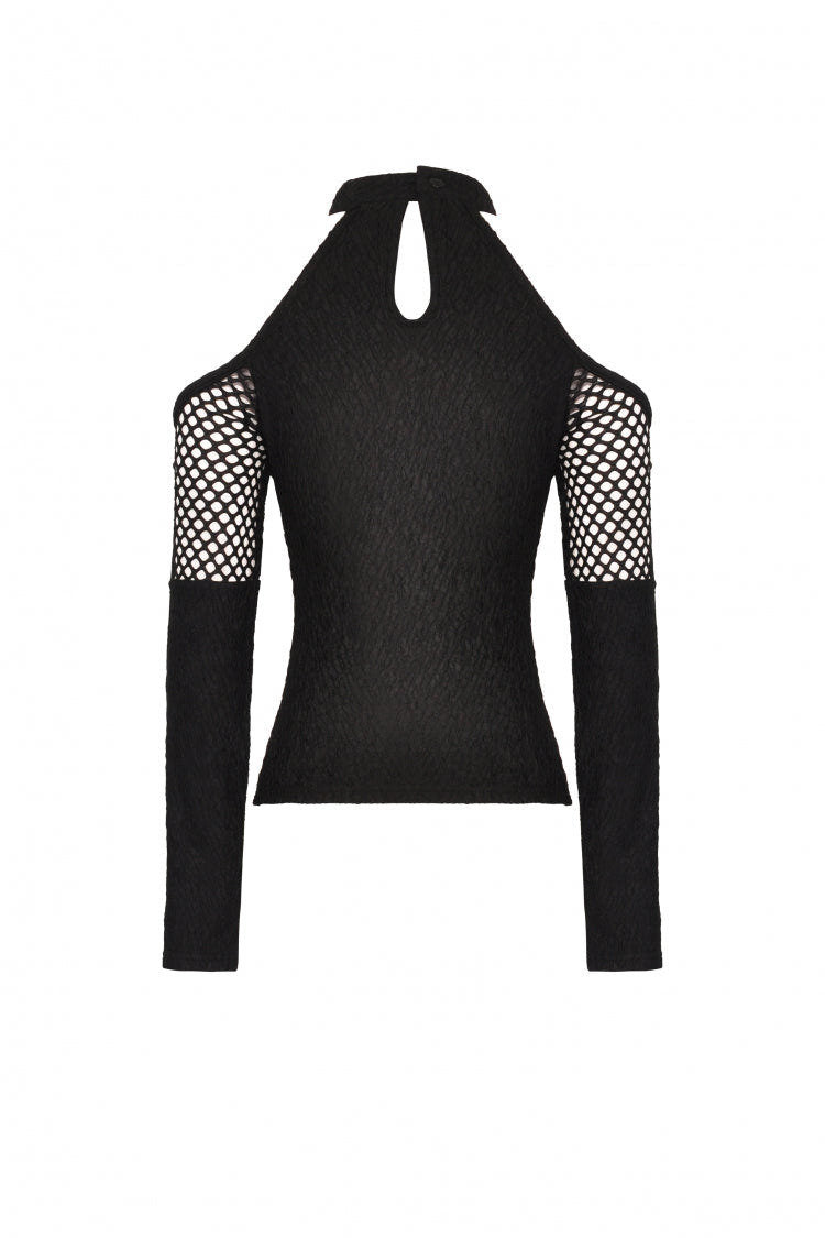 Black Off Shoulder Long Sleeves Cut-Out Spliced Mesh Women's Punk Top - Product - 8