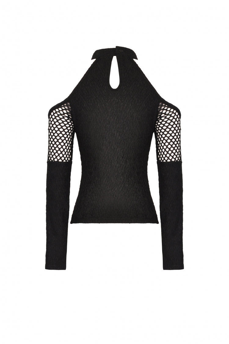Black Off Shoulder Long Sleeves Cut-Out Spliced Mesh Women's Punk Top - Product - 8