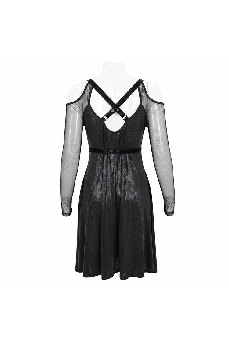 Black Stretch Knit Patchwork Fine Mesh V Neck Cross Tie Metal Pentagram Buckle Strap Women's Punk Dress - Product - 10