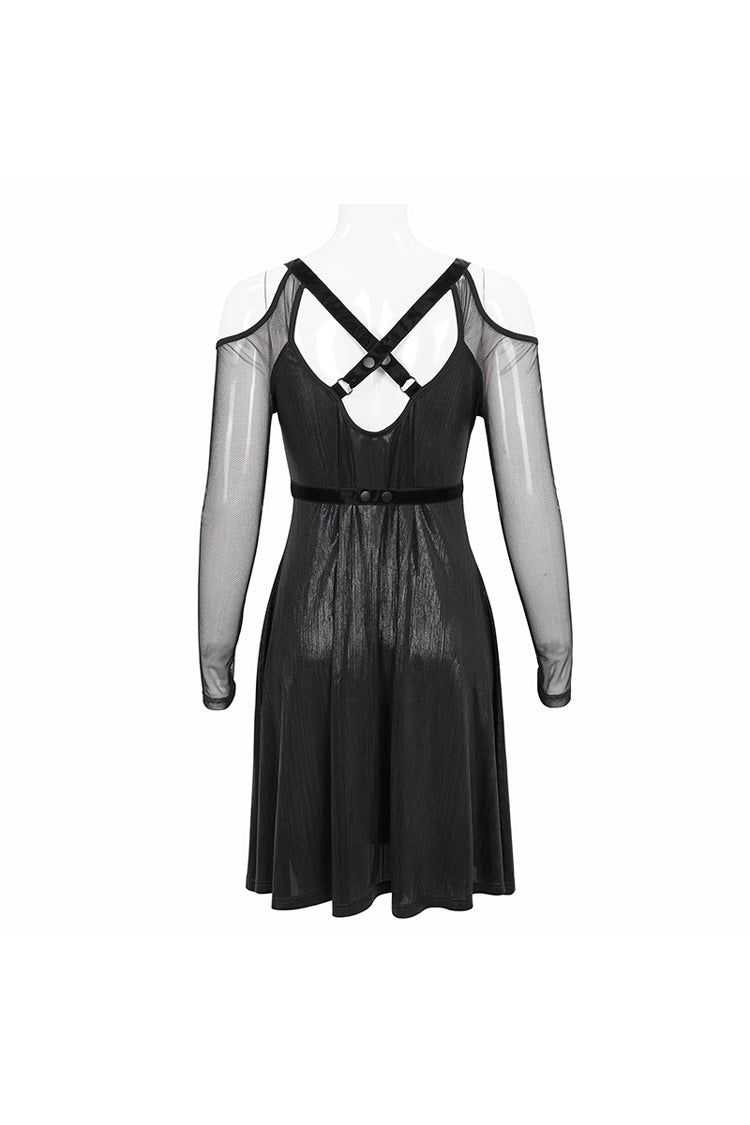 Black Stretch Knit Patchwork Fine Mesh V Neck Cross Tie Metal Pentagram Buckle Strap Women's Punk Dress - Product - 10