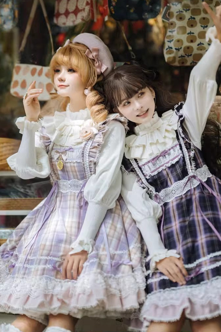 Pink/Purple [Endless Summer] High Waisted Printed Ruffled Bow Lace Sweet Princess Lolita Jsk Dress 2 Versions - Product - 4
