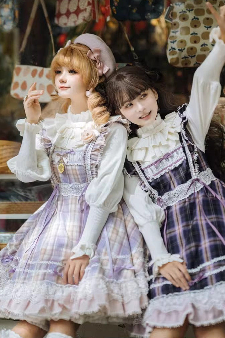 Black/Purple [Endless Summer] High Waisted Printed Ruffled Bow Lace Sweet Princess Lolita Jsk Dress 2 Versions - Product - 5