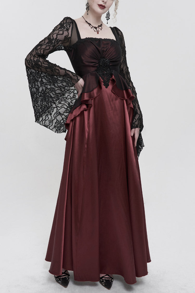 Red Lace Pointy Large Sleeves Back Middle Zipper Satin Long Floor Length Women's Gothic Dress - Product - 8