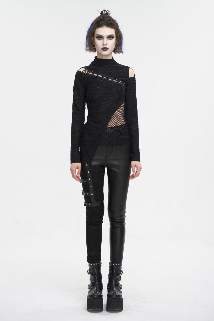 Black Strappy Cutout Mesh Splice Women's Gothic Shirt - Product - 2