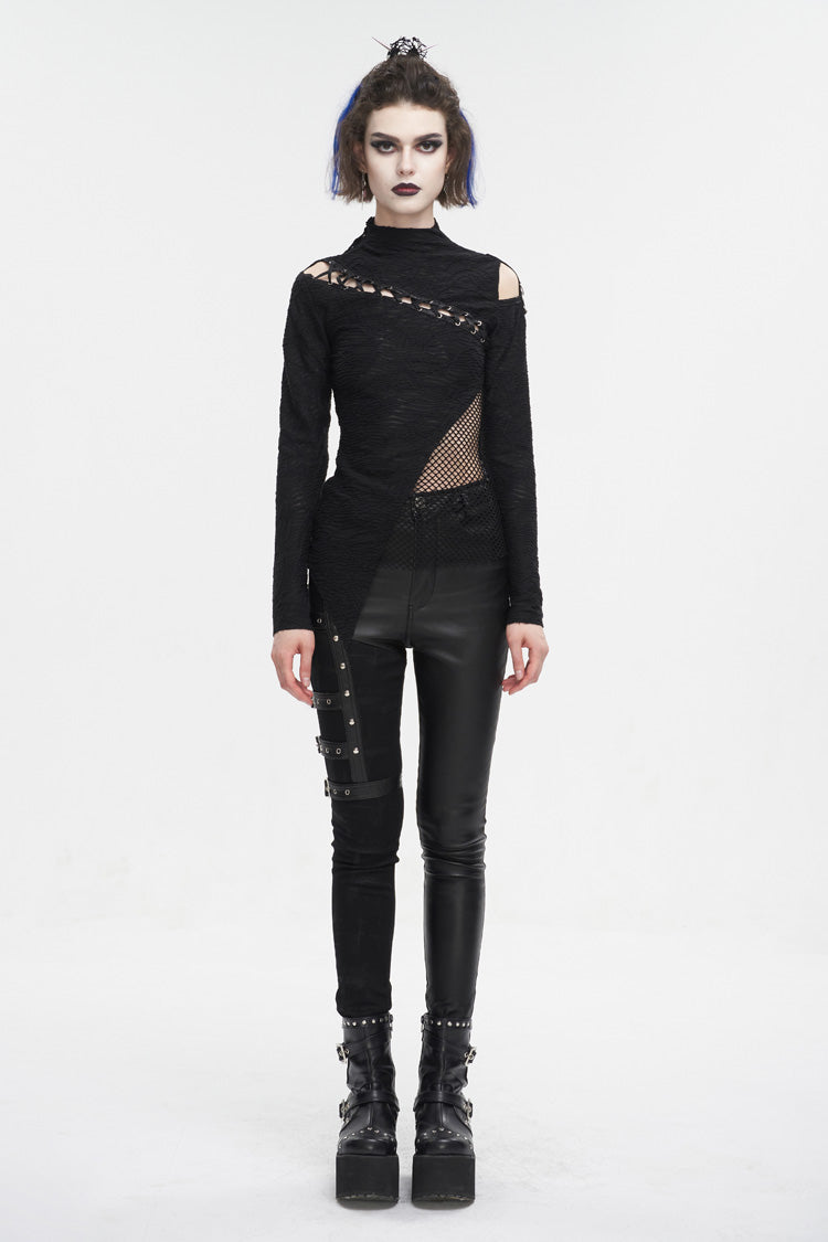 Black Strappy Cutout Mesh Splice Women's Gothic Shirt - Product - 2