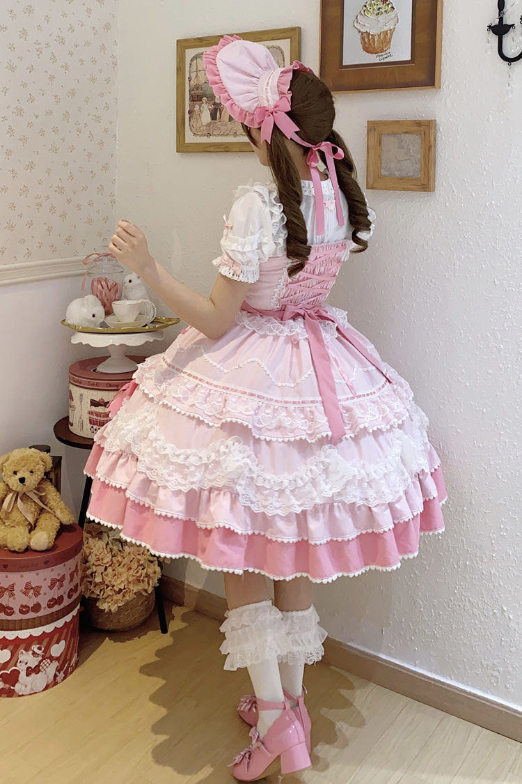 Pink [Fondant Cake] Sleeveless Multi-Layered Ruffle Bowknot Lace Sweet Lolita Jsk Dress - Product - 4