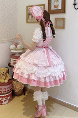 Pink [Fondant Cake] Sleeveless Multi-Layered Ruffle Bowknot Lace Sweet Lolita Jsk Dress - Product - 4