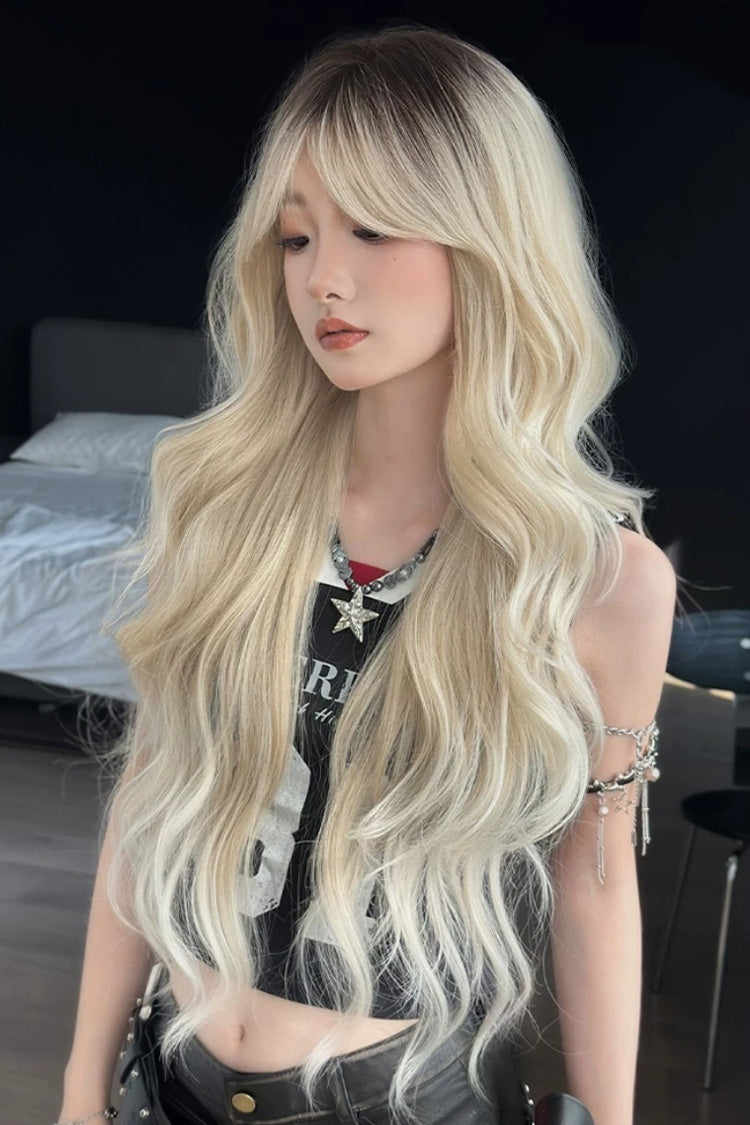 Black/Gold Ombre Sweet Lolita Natural Fluffy Long Big Wavy Wig with Curtain Bangs - Product - 6