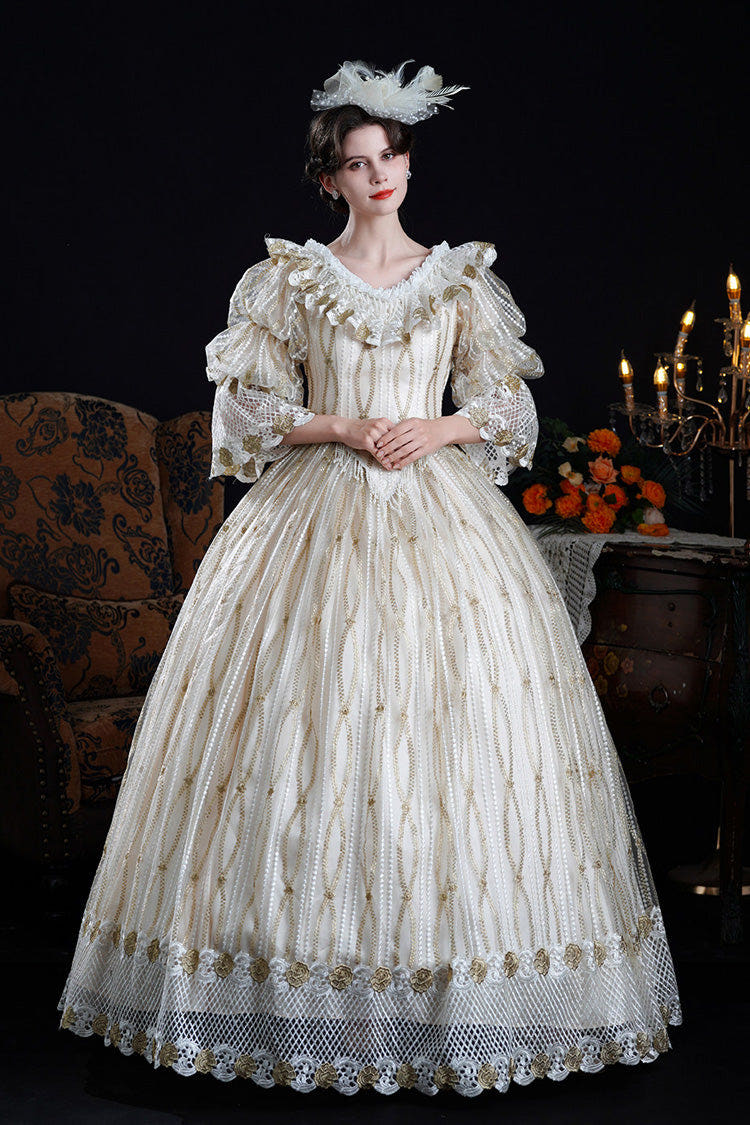 Champagne Long Puff Sleeves Ruffled Cut-Out Mesh Classic Vintage Palace Lolita Victorian Dress - Champagne - 1