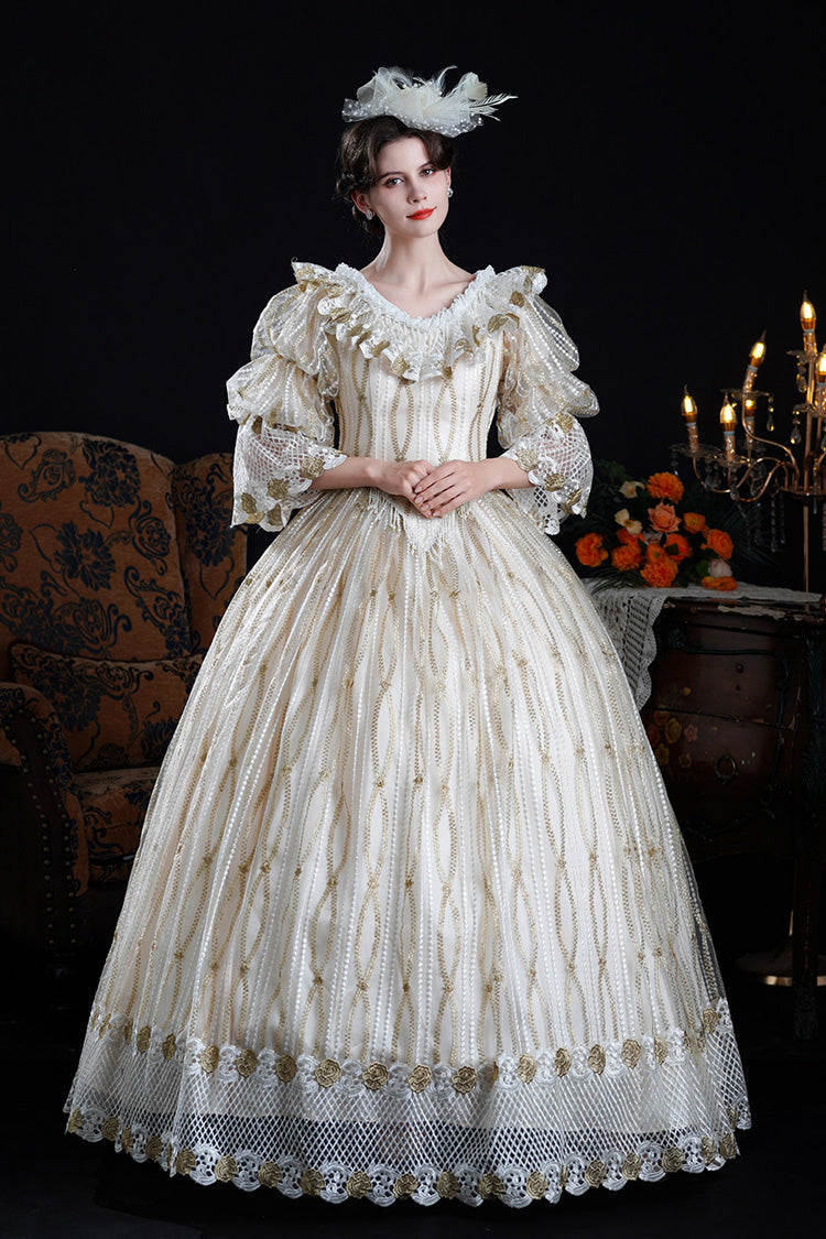 Champagne Long Puff Sleeves Ruffled Cut-Out Mesh Classic Vintage Palace Lolita Victorian Dress - Champagne - 1