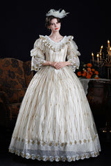 Champagne Long Puff Sleeves Ruffled Cut-Out Mesh Classic Vintage Palace Lolita Victorian Dress - Champagne - 1