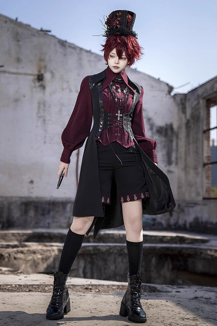Red Lapel Collar Long Sleeves Embroidery Slim Gothic Vintage Prince Ouji Lolita Blouse - Product - 10
