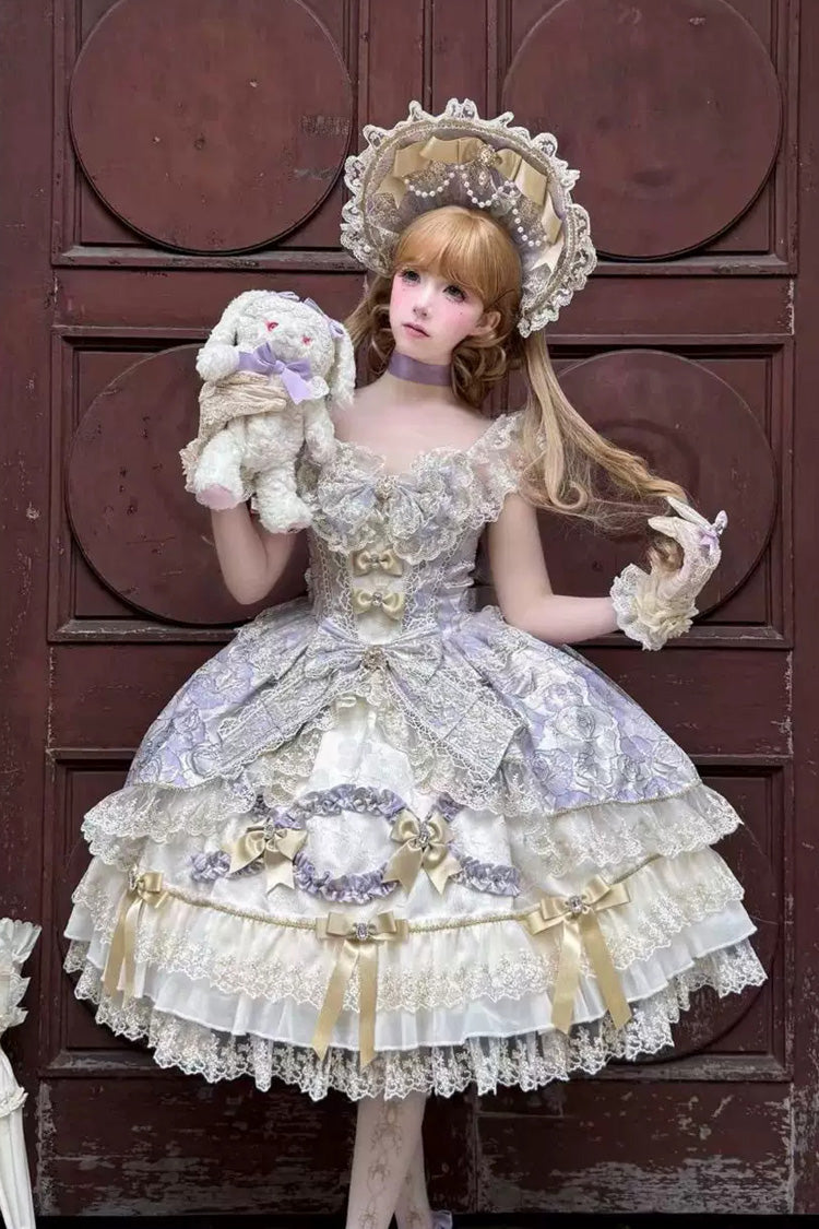 Purple [Gilded Waltz] Square Collar Sleeveless Printed Ruffled Embroidered Bow Lace Gorgeous Sweet Lolita Jsk Dress - Purple - 1
