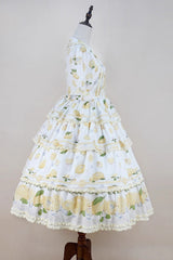 White [Lemon Chicken] Short Sleeves Triple-Layered Print Ruffle Bowknot Lace Sweet Gorgeous Lolita Dress - Product - 7