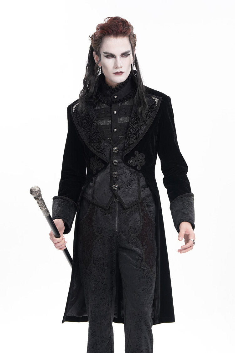 Black Long Sleeves Button Floral Embroidery Men's Gothic Jacket - Black - 1