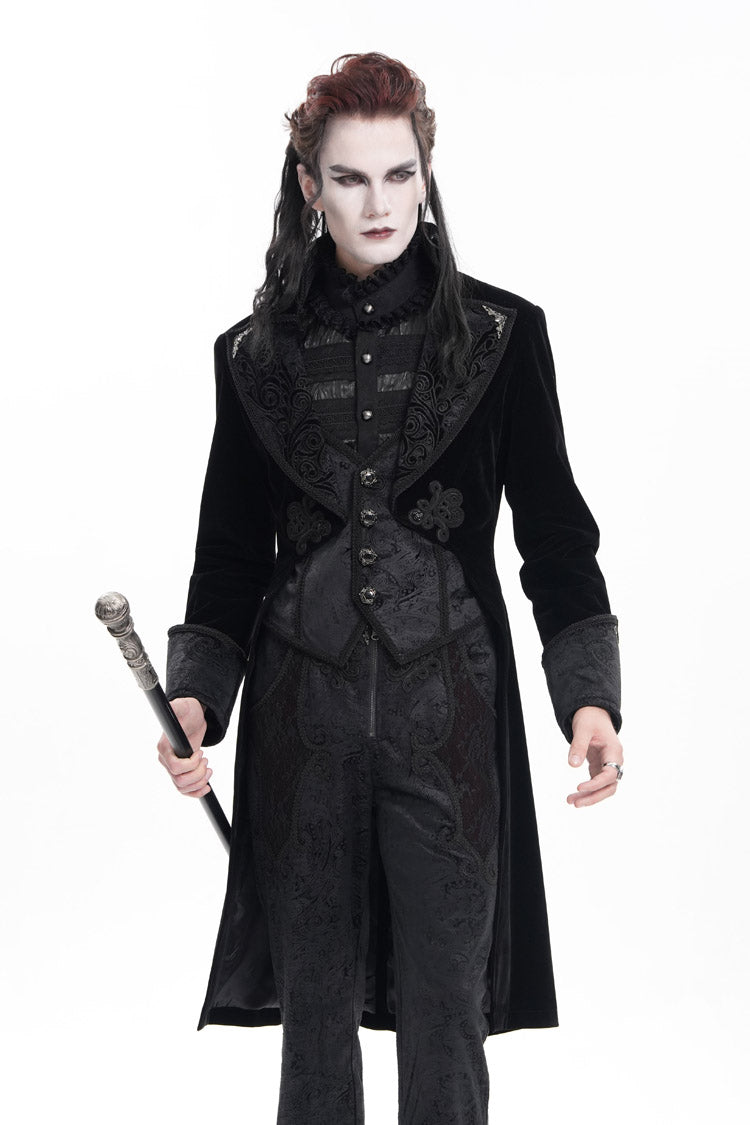 Black Long Sleeves Button Floral Embroidery Men's Gothic Jacket - Black - 1