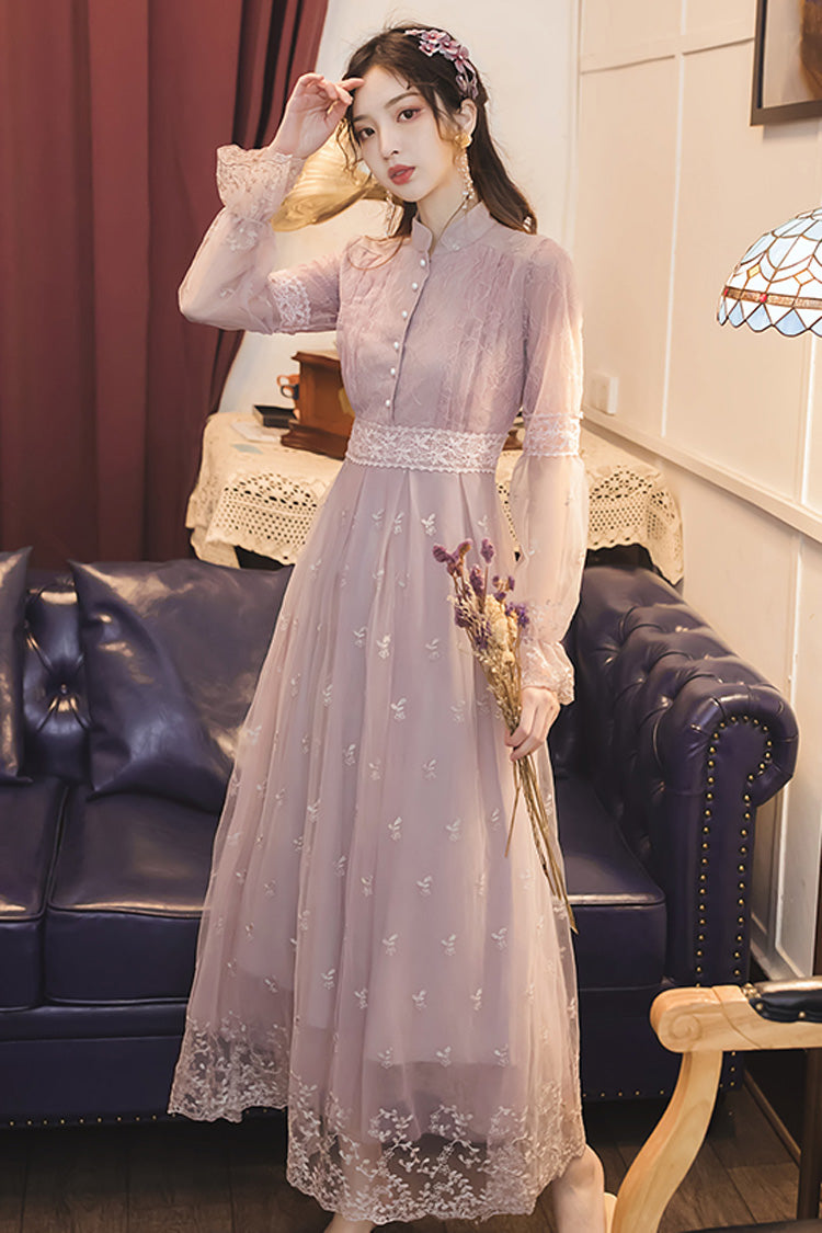 Dream Purple French Retro Lantern Sleeves High Waist Slimming Lace Embroidery Sweet Lolita OP Dress - Product - 3