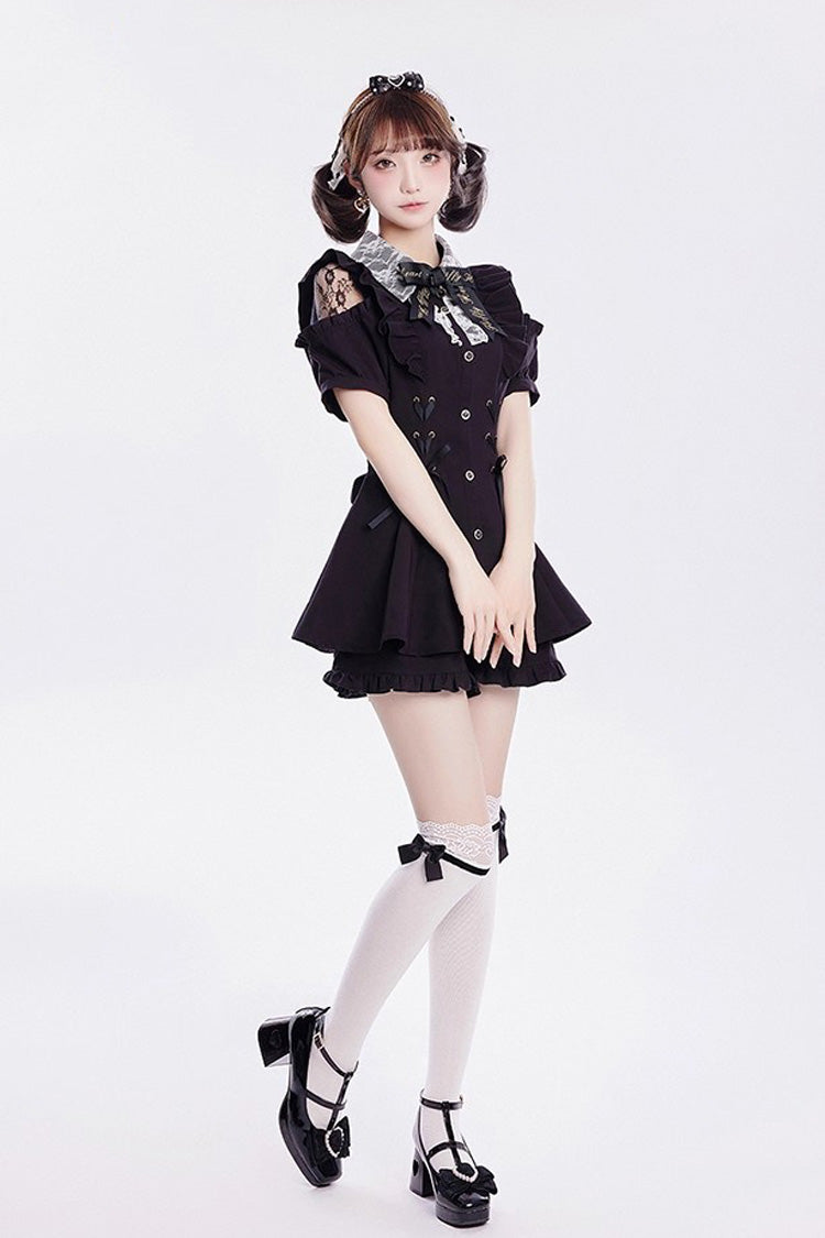 [Alice of Wednesday] Sweet Off Shoulder Short Sleeves Ruffle Bowknot Lace-Up Japanese Jirai Kei Dress Shorts Set 3 Colors - Product - 12