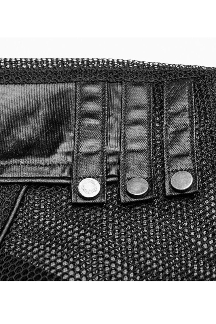 Black Punk Rough No Elasticity Woven Mesh Metal Buckle Belts Decoration Perspective Sleeveless Metal Zipper Men's Vest - Product - 7