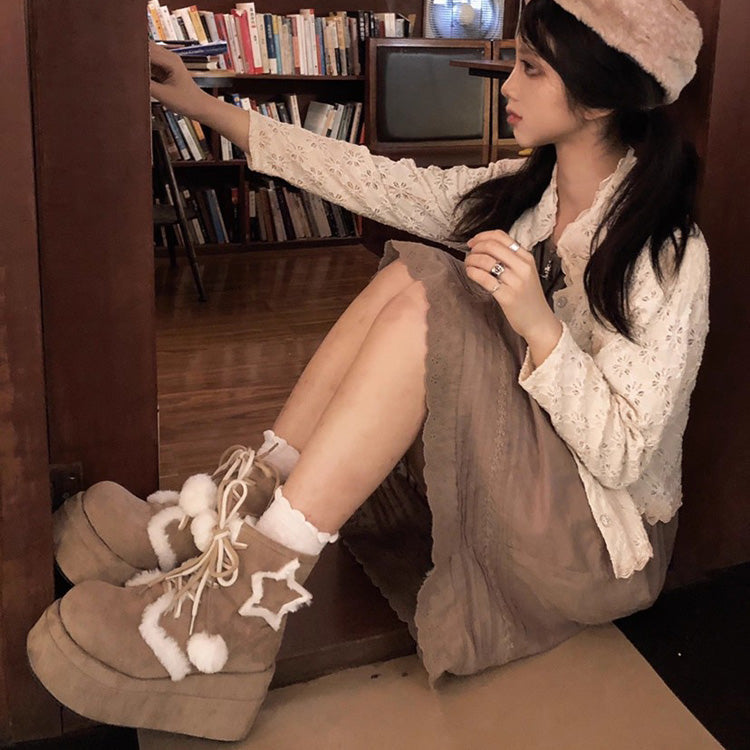 Sweet [Star] Fleece-Lined Warm Lolita Martin Boots 2 Colors - Product - 5