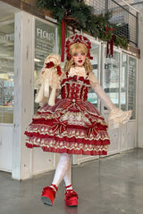 Red [Crown of Gems] Triple-Layered Ruffle Bowknot Lace Sweet Gorgeous Lolita Jsk Dress - Product - 5