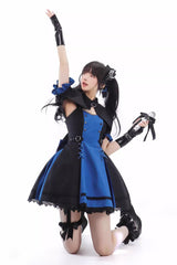 Black/Blue [Night Liana] Ruffle Bowknot Lace-Up Sweet Japanese Lolita Jumper Dress Set - Product - 10
