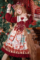 Wine Christmas Bear Print Long Sleeves High Waisted Bowknot Ruffled Sweet Lolita Op Dress - Product - 3