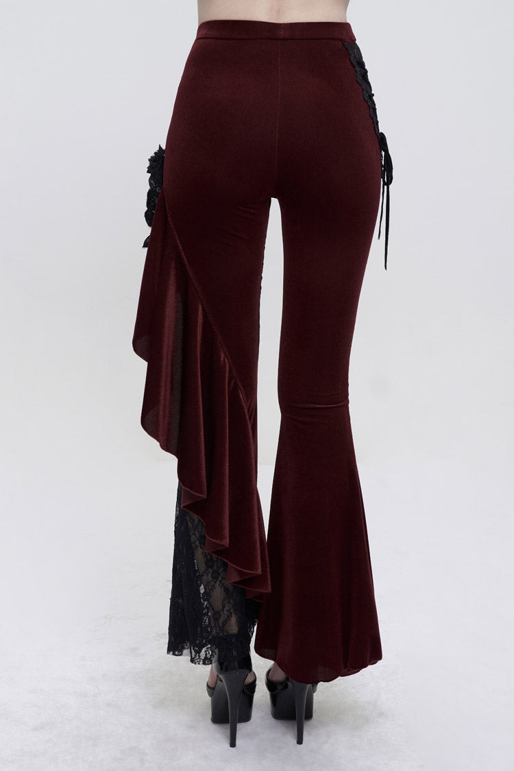 Red Velvet Single Side Stitching Rose Net Side Rope Decoration Asymmetric Pattern Flare Women's Gothic Pants - Product - 4