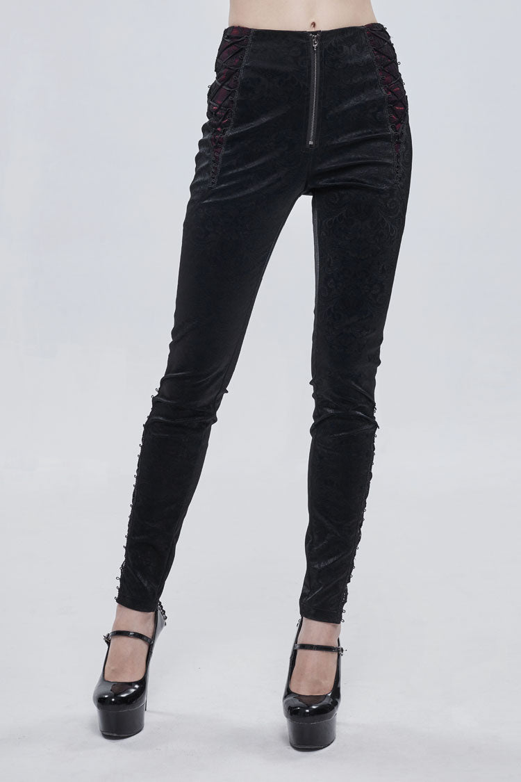 Black Textured Pattern Lace Decoration Metal Zipper Mid-High Waist Tie Women's Gothic Trousers - Product - 2