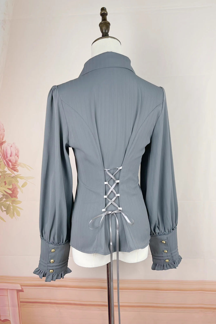 [Enchanted Dreamland] Lapel Collar Long Sleeves Ruffled Lace Slim Classic Elegant Lolita Blouse 6 Colors - Product - 11