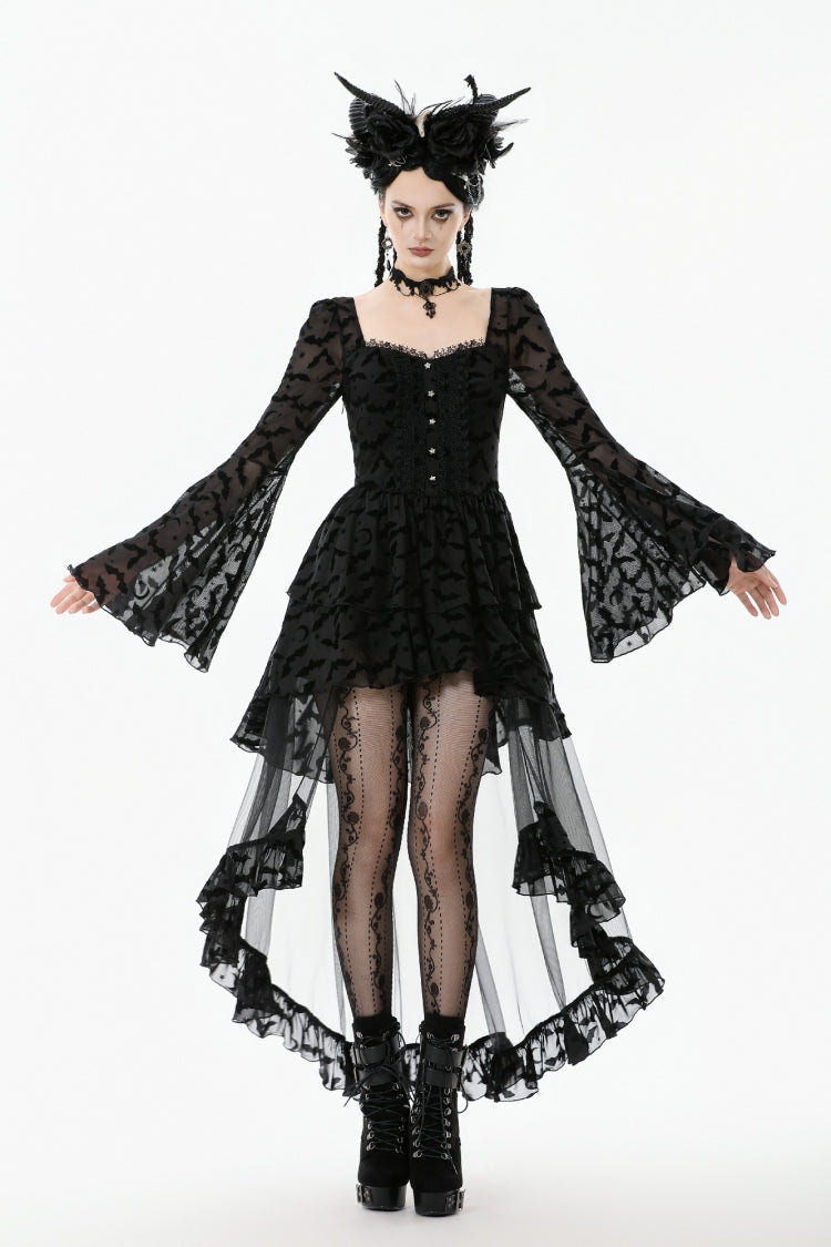 Black Square Collar Long Trumpet Sleeves Bat Printed Lace Irregular Hem Women's Gothic Dress - Product - 6