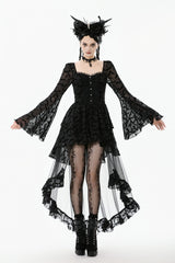 Black Square Collar Long Trumpet Sleeves Bat Printed Lace Irregular Hem Women's Gothic Dress - Product - 6