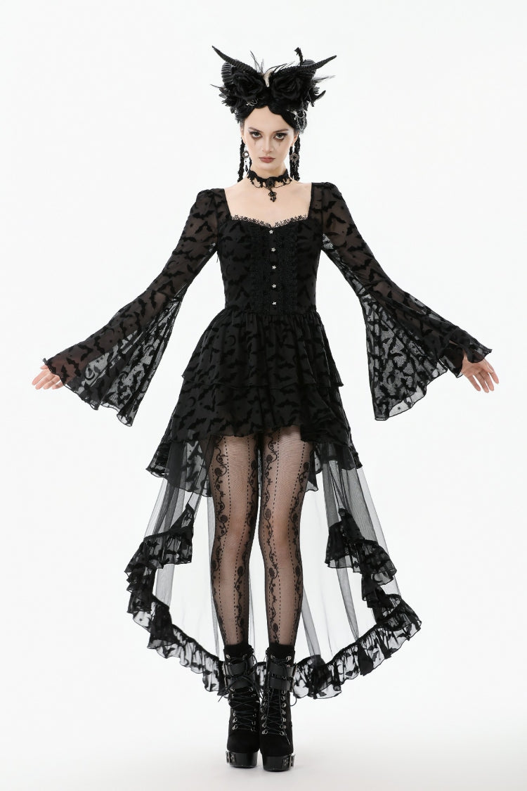 Black Square Collar Long Trumpet Sleeves Bat Printed Lace Irregular Hem Women's Gothic Dress - Product - 6