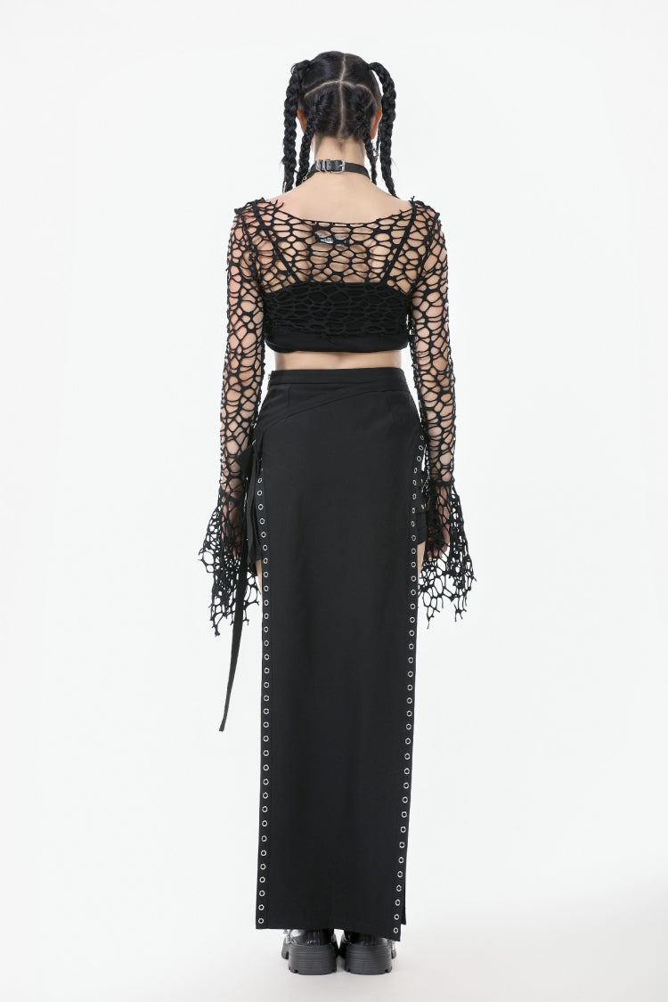 Black Women's Gothic Long Flared Sleeves Hollow-out Mesh Crop Top - Product - 4