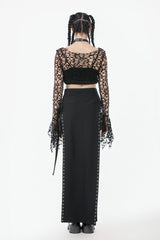 Black Women's Gothic Long Flared Sleeves Hollow-out Mesh Crop Top - Product - 4