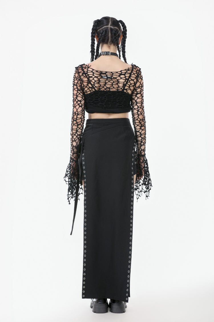 Black Women's Gothic Long Flared Sleeves Hollow-out Mesh Crop Top - Product - 4