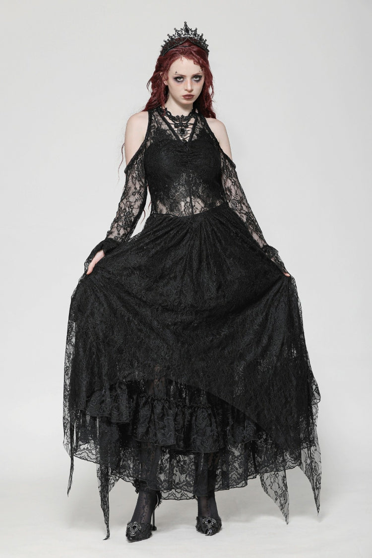 Black Off Shoulder Long Sleeves Women's Gothic Irregular Lace Dress Wedding Dress - Black - 1