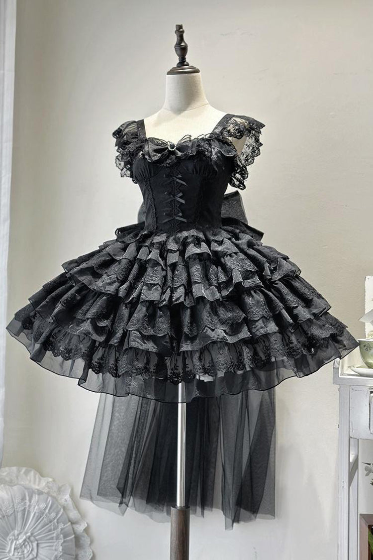 Black [From Broken Wings to Rebirth] Sleeveless Multi-Layered Ruffle Bowknot Lace-Up Gothic Ballet Lolita Jsk Dress - Black - 1