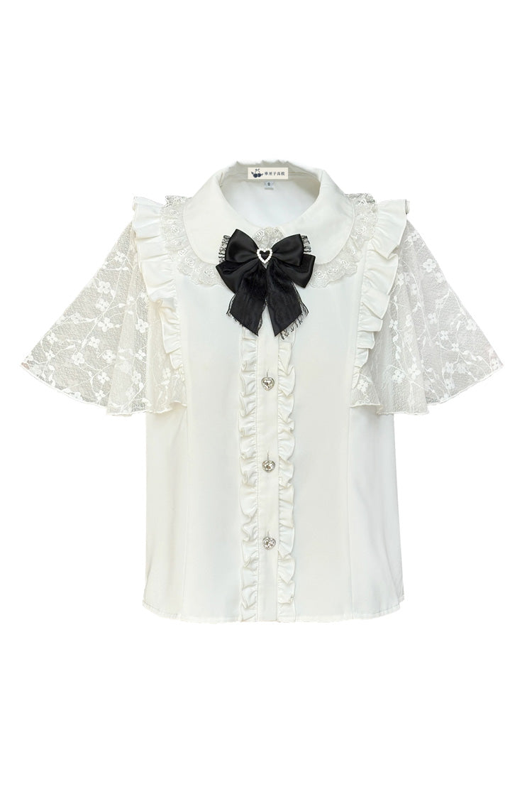 Black/White [Snow Velvet Bunny] Short Sleeves Double-Layered Ruffled Bow Lace Plus Size Japanese Sailor Collar Two-piece Set - Top(Only) - 11
