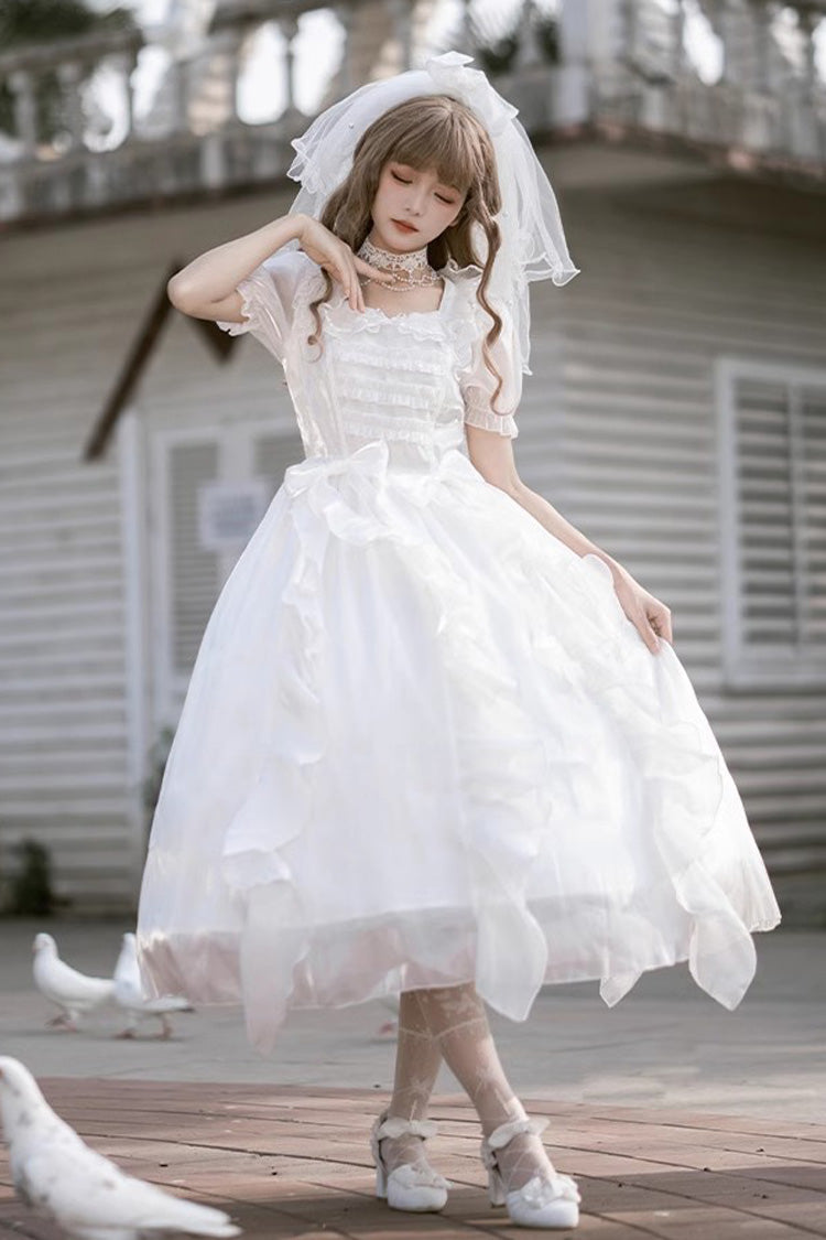 White Ode to Floating Lights Fantasy Fairy Short Sleeves Ruffle Sweet Elegant Lolita Dress - White - 1