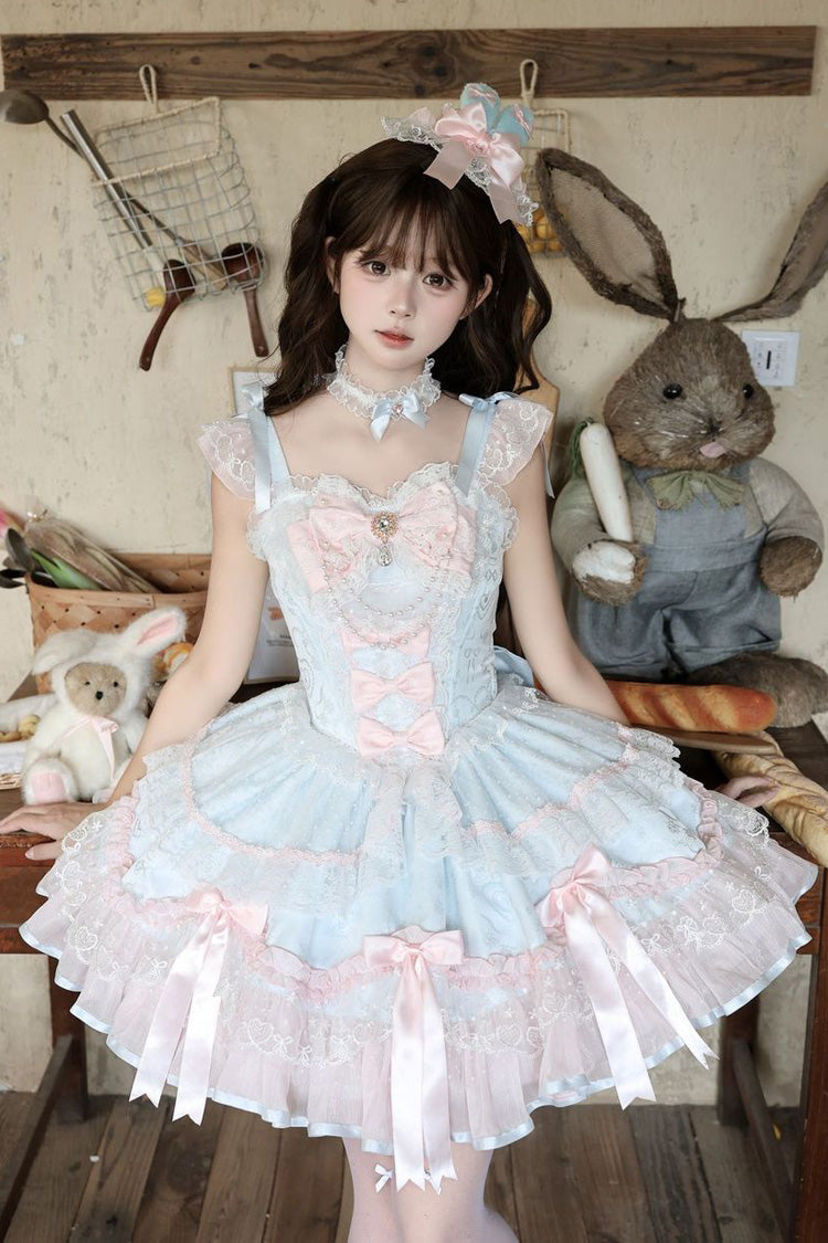 Blue [Candy Satin Ballet] Square Collar Sleeveless Multi-Layered Ruffled Bow Lace Pearl Detail Sweet Lolita Jsk Dress - Blue(Dress-Only) - 1