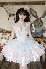 Blue [Candy Satin Ballet] Square Collar Sleeveless Multi-Layered Ruffled Bow Lace Pearl Detail Sweet Lolita Jsk Dress - Blue(Dress-Only) - 1