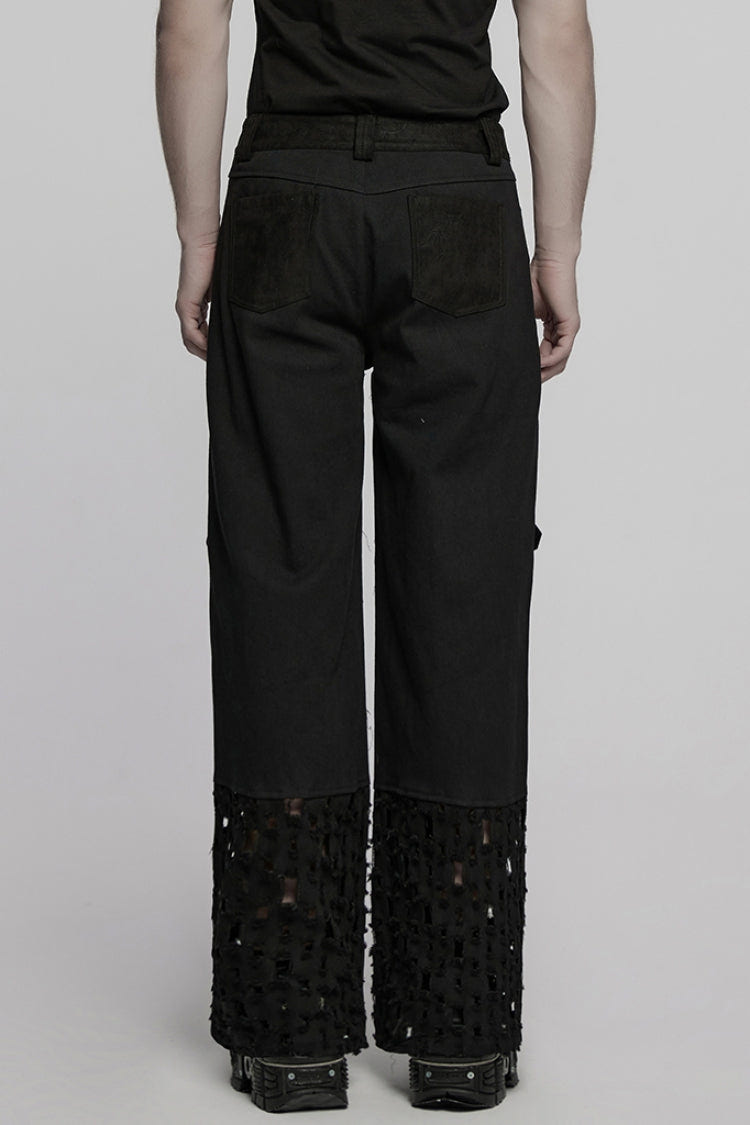 Black Eyelet Ripped Men's Punk Straight Pants - Product - 3
