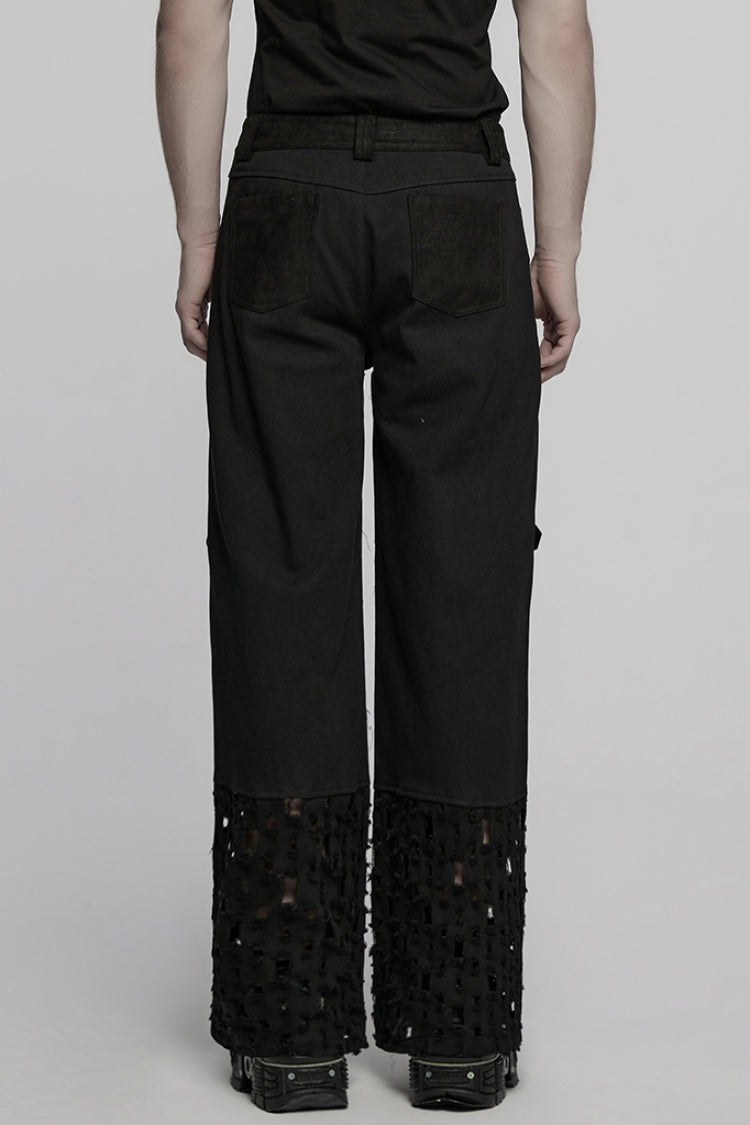 Black Eyelet Ripped Men's Punk Straight Pants - Product - 3