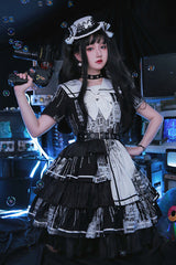 Black Short Sleeves Multi-Layered Print Ruffle Bowknot Asymmetric Punk College Style Lolita Dress - Product - 6