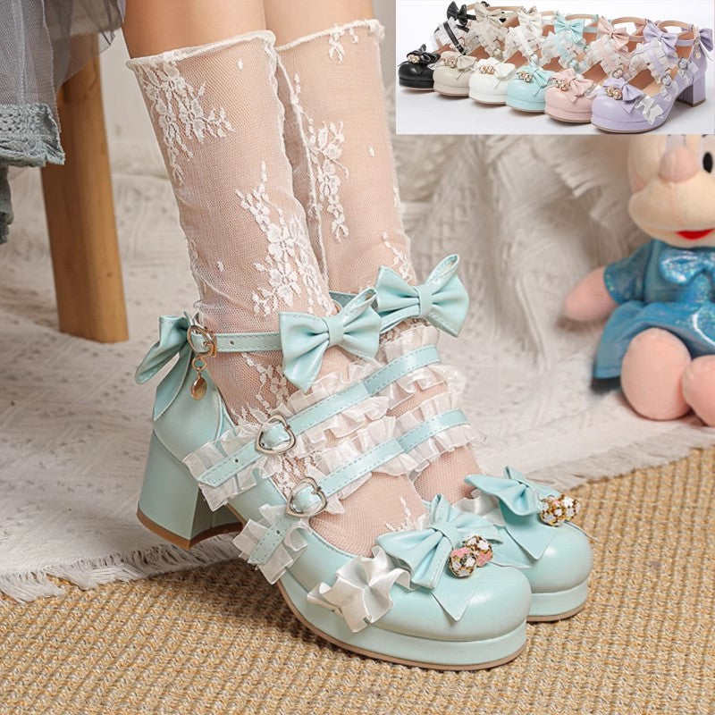 Sweet Bowknot Stitching Lace Princess Lolita High Heels 6 Colors - Blue - 1