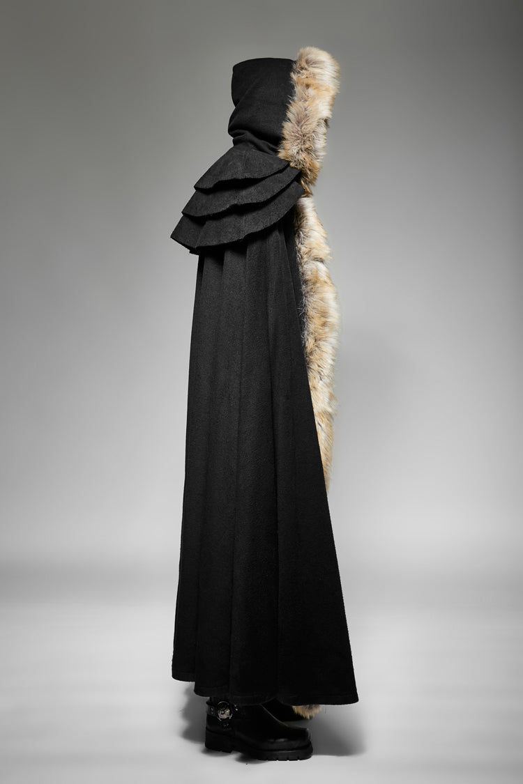 Black Hooded Fur Collar Wool Long Mens Gothic Coat Cloak - Product - 4