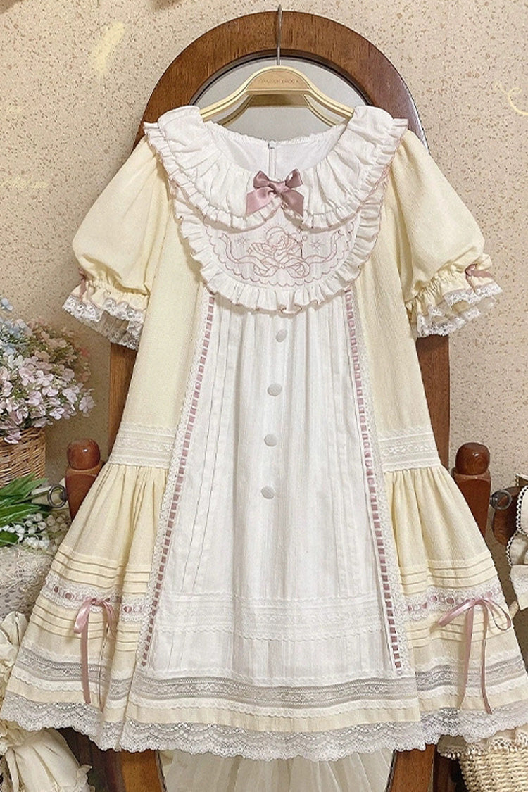 Light Yellow Doll Collar Short Sleeves Little Angel Print Bowknot Lace Sweet Lolita Dress - Product - 5