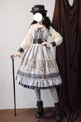 Demon Hunting Notes Long Lantern Sleeves Print Ruffle Sweet Elegant Lolita Dress 2 Colors - Grey - 1