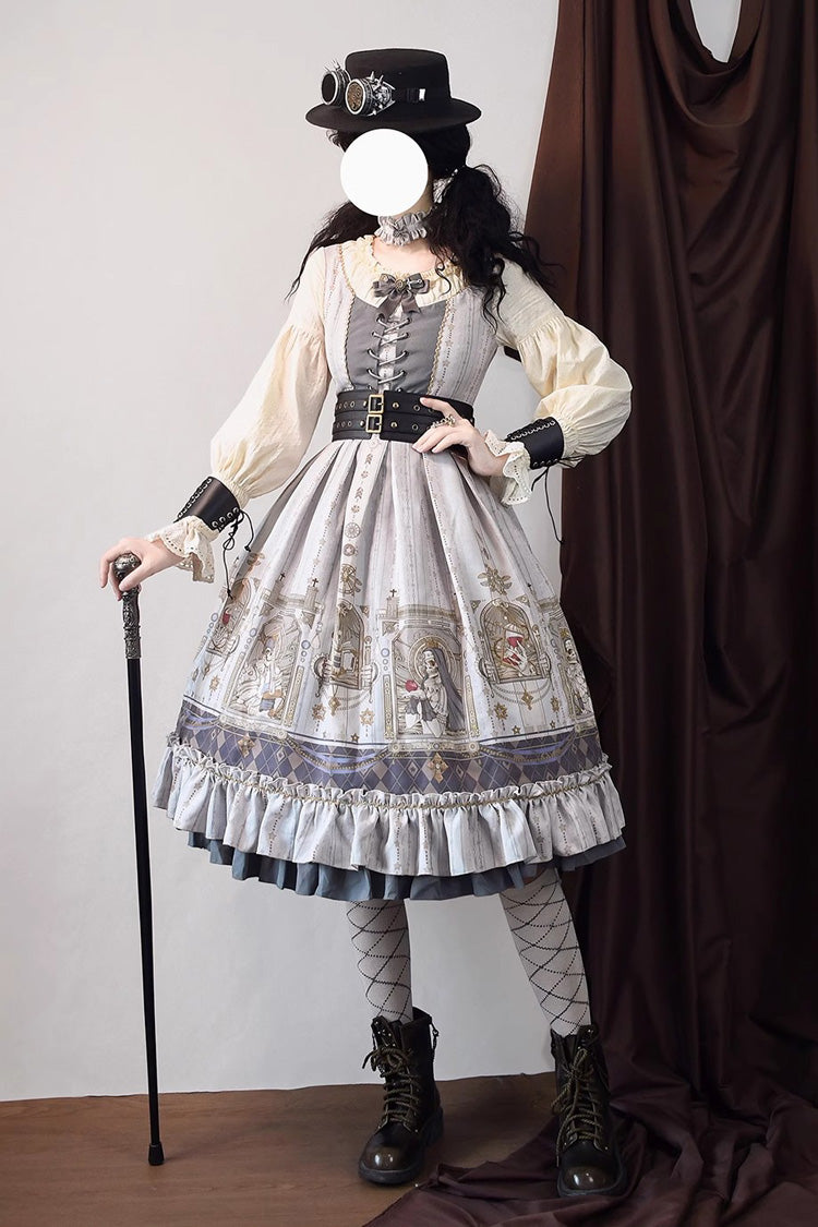 Demon Hunting Notes Long Lantern Sleeves Print Ruffle Sweet Elegant Lolita Dress 2 Colors - Grey - 1